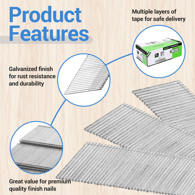 Meite مسامير إنهاء مائلة من ميتي 15 قياس، 2 إنش 34 درجة سلسلة DA مسامير إنهاء مجلفنة لبنادق المسامير - مثالية لتزيين النوافذ، وبناء الخزائن ومشاريع DIY الأخرى (2,000 قطعة) - Image 3